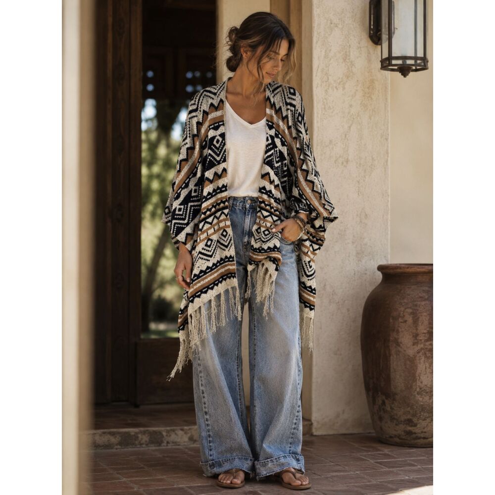 Southwestern Cardigan Aztec Cabincore Sweater Bohemian Fringe Boho Kimono